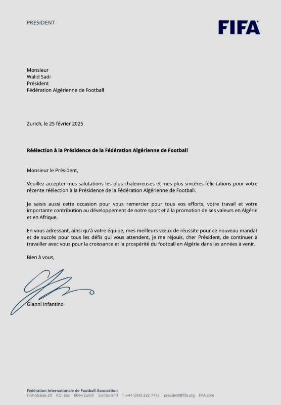 FIFA President Gianni Infantino Congratulates Walid Sadi on His Re-Election as Head of the Algerian Football Federation